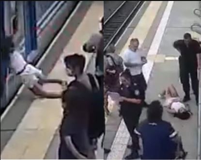 Woman faints and falls under moving train