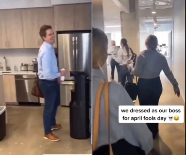 Staff surprise boss on April Fool's day as they all arrive at work dressed exactly like him (video)