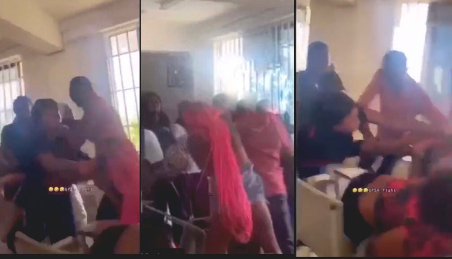 Female university students expose their underwear as they fight dirty in lecture hall