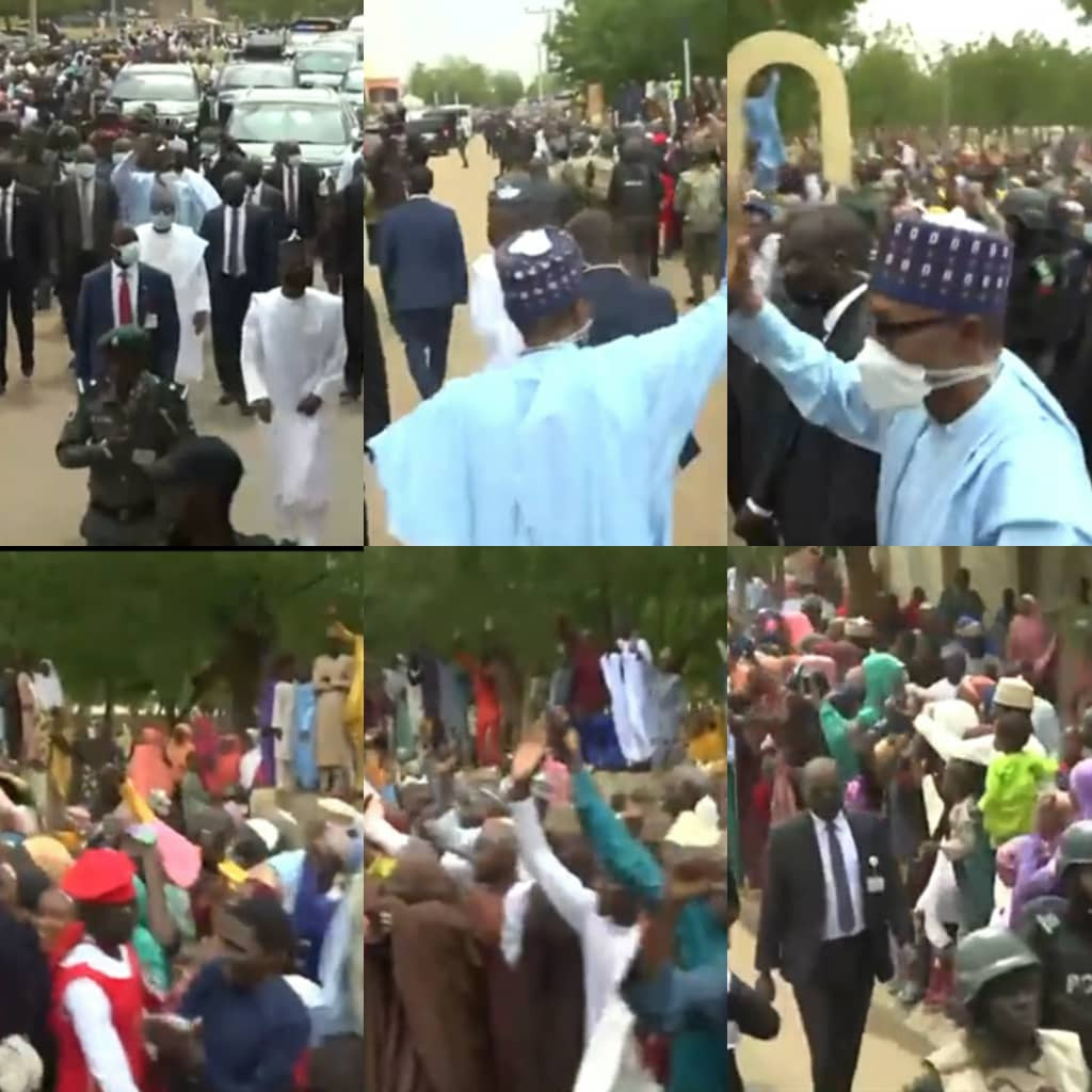 Daura residents file out to greet President Buhari as he treks to his home after observing his Sallah prayers at the Eid ground (video)