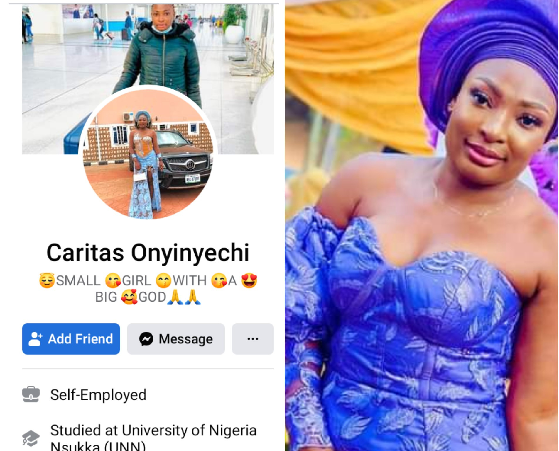 Popular Enugu wig seller arrested by NDLEA for drug trafficking described herself as "Small Girl With A Big God" in Facebook Bio