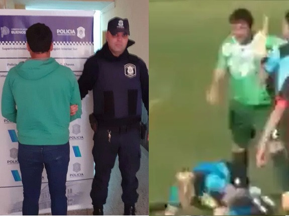 Argentinian footballer arrested for punching female referee to the floor after she sent him off for insulting her (video)