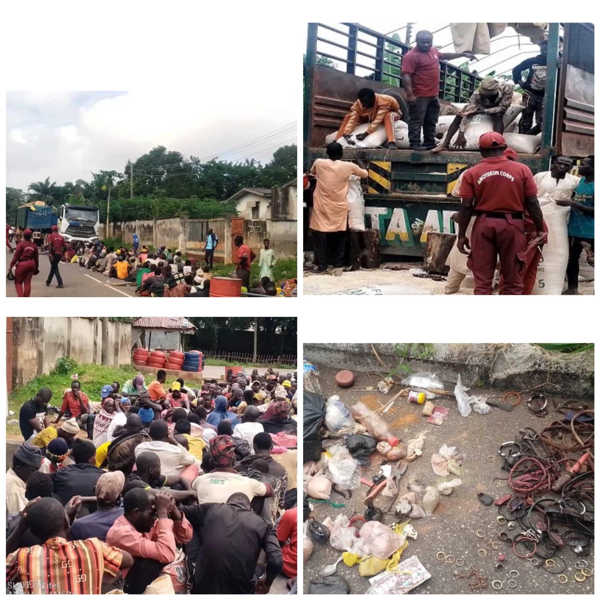 Ondo Amotekun intercepts two trucks conveying 151 suspected invaders who hid behind bags of rice, recovers dangerous charms (video)