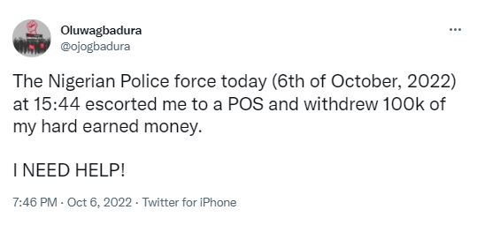 Nigerian man cries out for justice after policemen in Lagos allegedly took him to a POS operator and extorted N100,000 from him